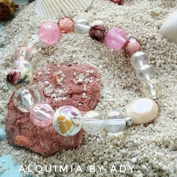 Alquimia Pink and White Floral Glass Bead Bracelet Stack GEMSTONES - Picture 7 of 7